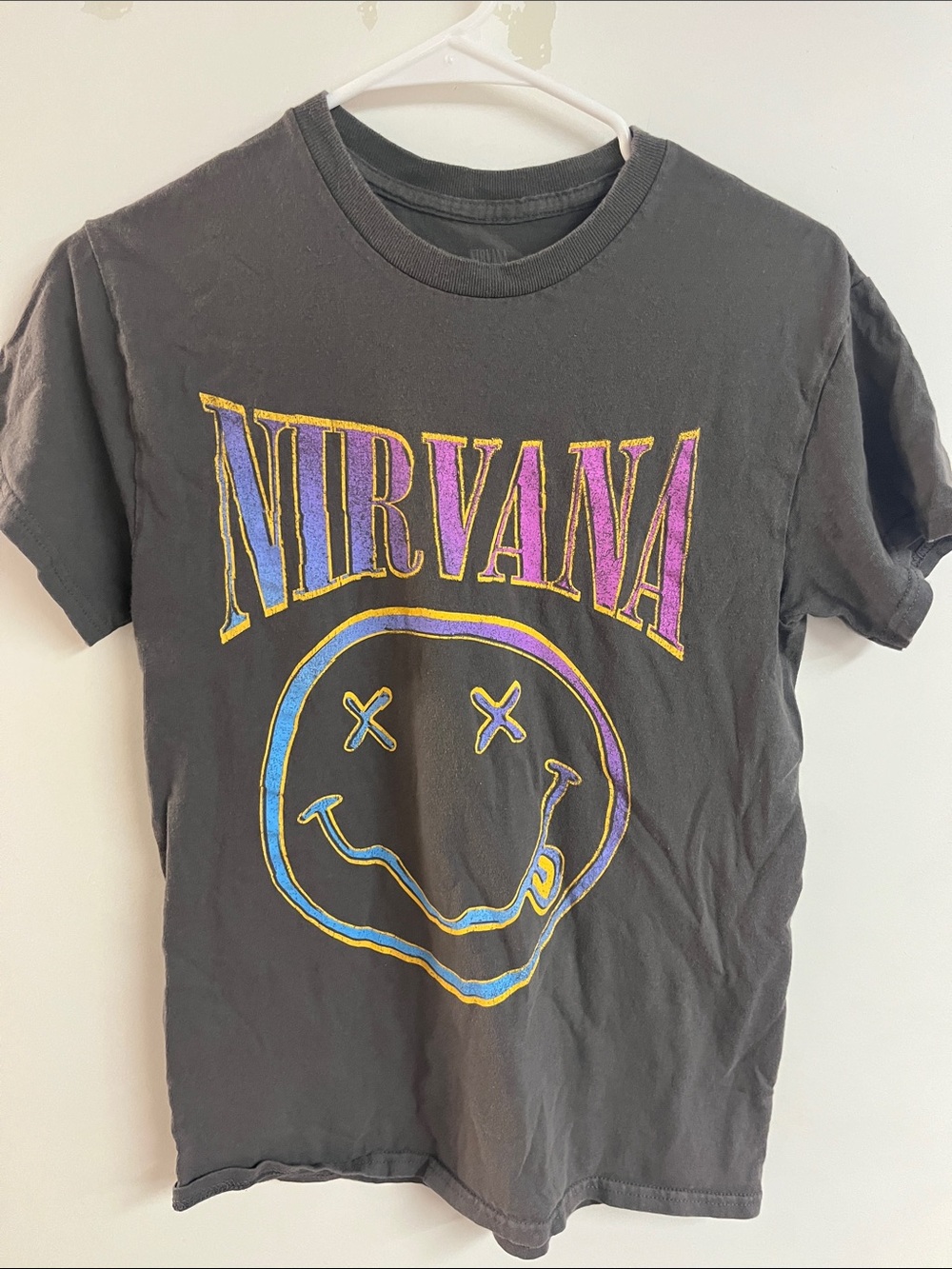 NIRVANA Black Tee with Rainbow Logo and Smiley Face